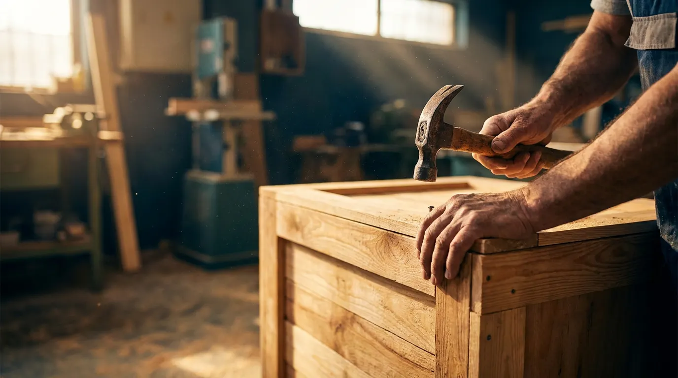 A craftsman's hands fitting the last board onto a wooden export crate