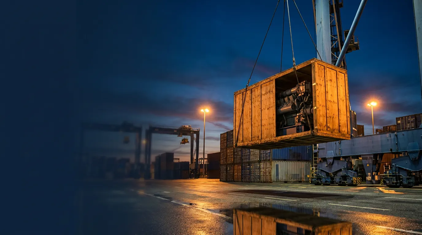 A wooden export crate containing a machine being lifted by a crane in a port