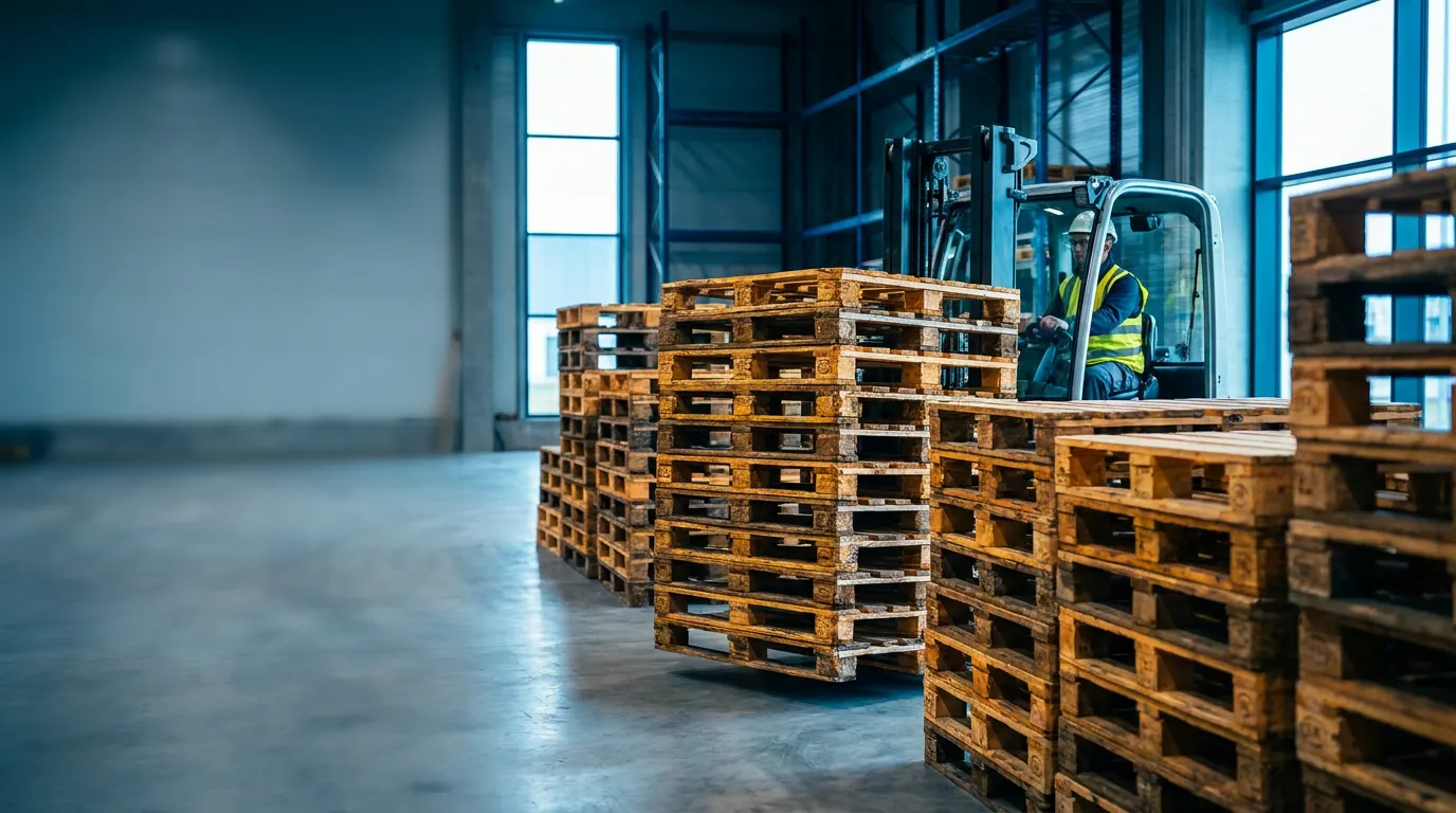 Used reusable wooden pallets being stacked in a logistics hall