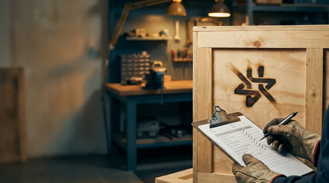 An inspector ticking a checklist next to a branded wooden export crate