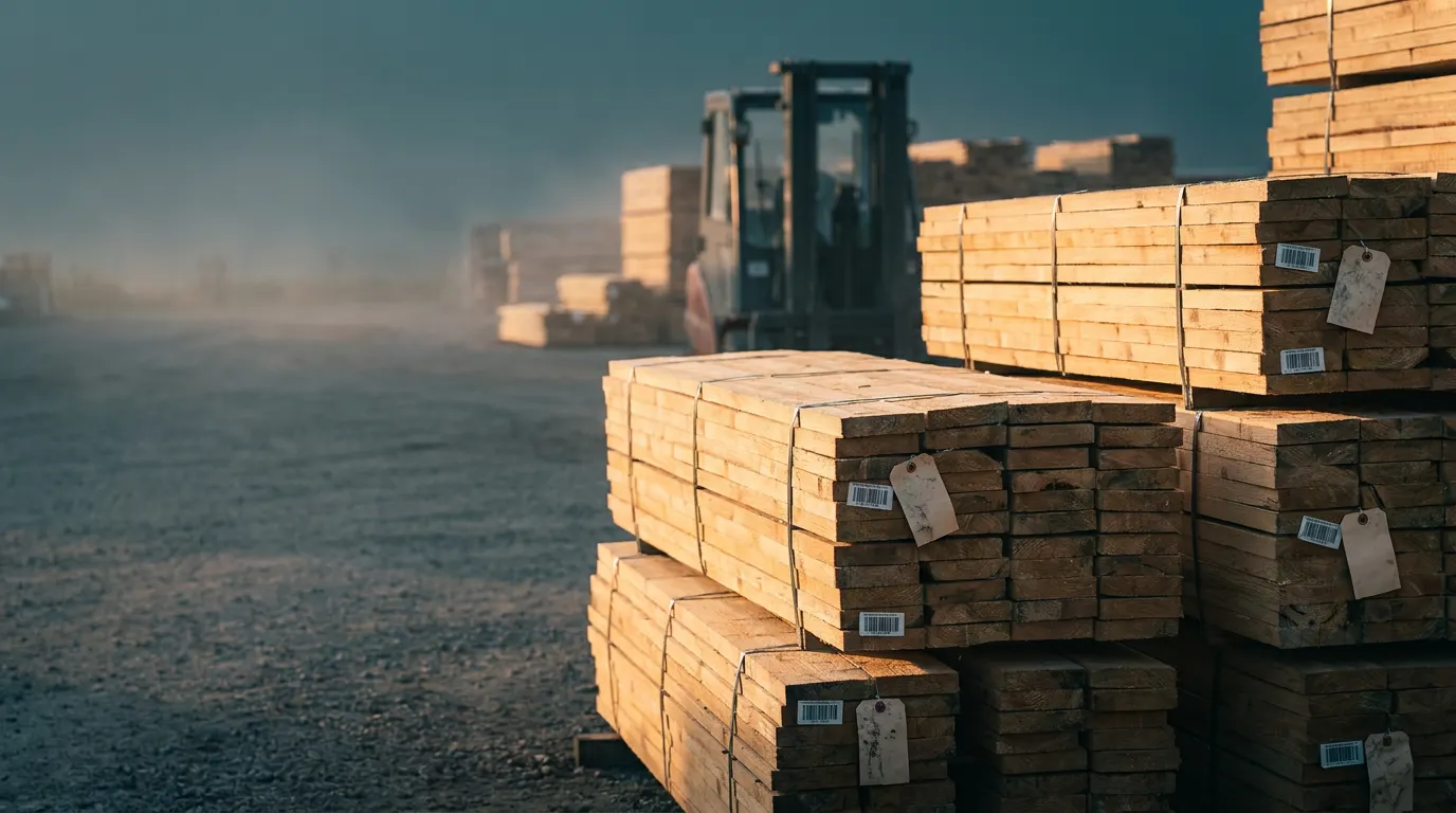 Bundles of sawn timber with tags and barcodes in a sawmill yard