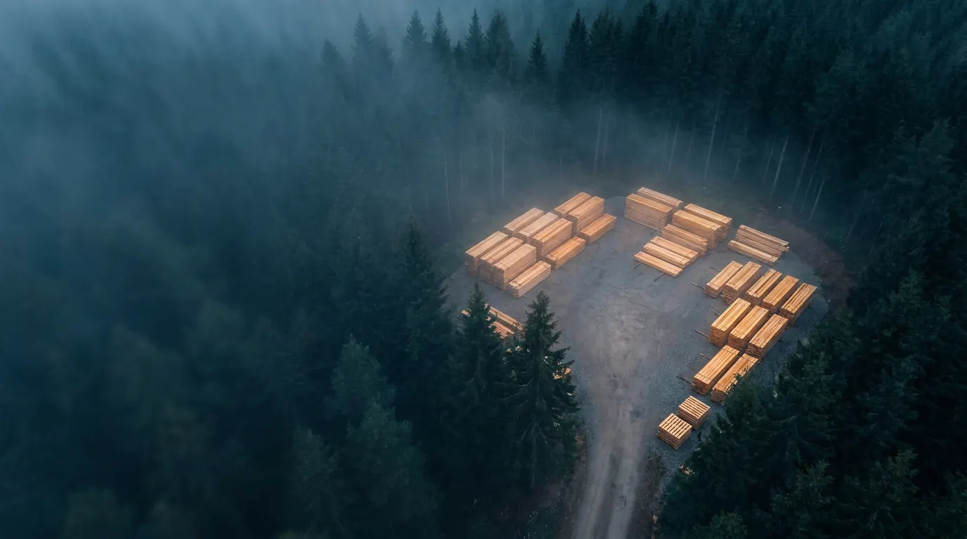 Aerial view of a misty spruce forest with stacked sawn timber in a clearing